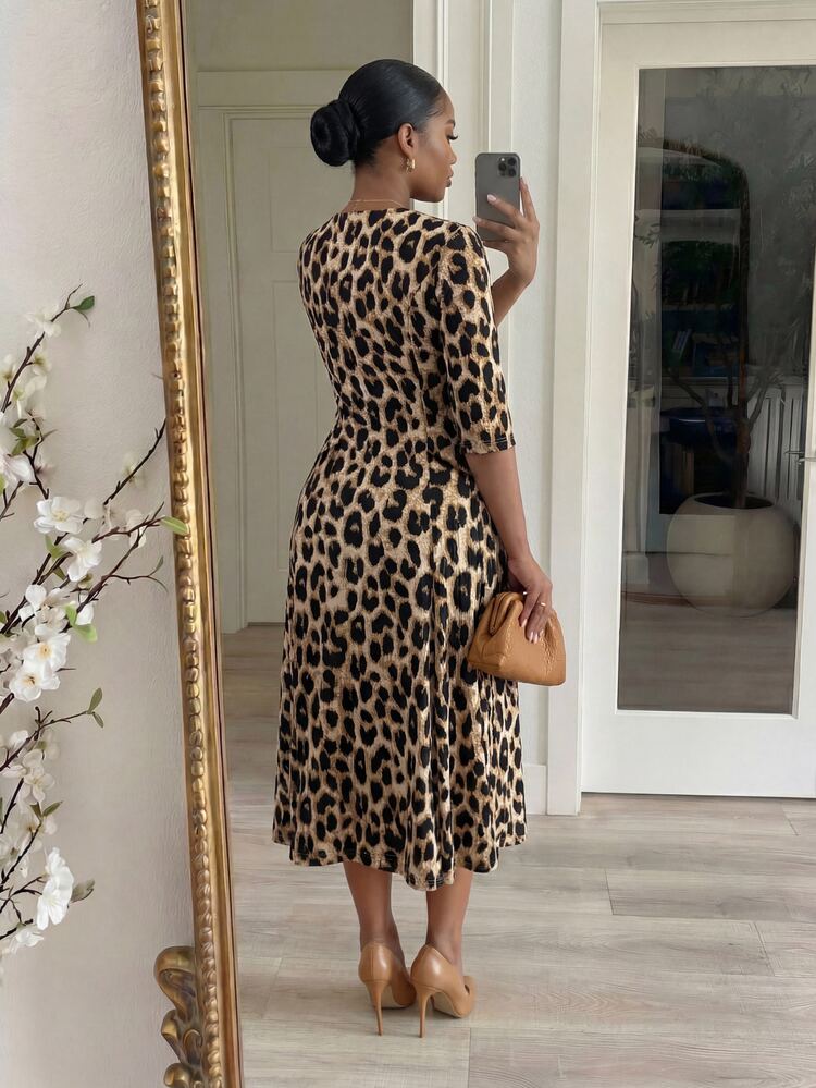 SHEIN Lady Women's Leopard Print Waist Cinched Mid-Length Dress Country Casual Elegant Summer Office Beige - Multicolor - View 2