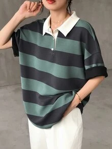 FRIFUL 女士宽松条纹 Polo 领中袖 T 恤，休闲夏季 - 綠色 - 查看 3