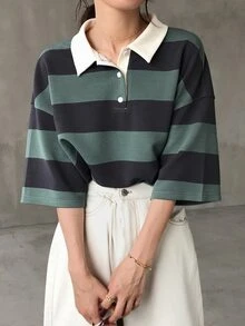 FRIFUL 女士宽松条纹 Polo 领中袖 T 恤，休闲夏季 - 綠色 - 查看 4