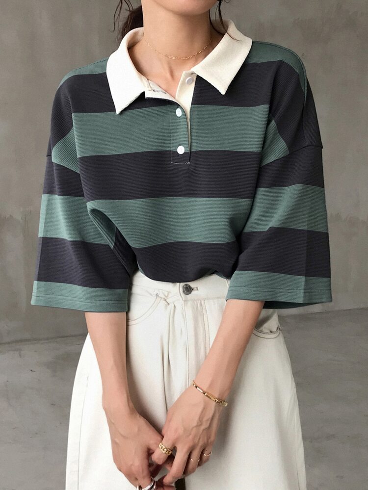 FRIFUL Women's Loose Striped Polo Collar Mid-Sleeve T-Shirt, Casual Summer - Green - View 4