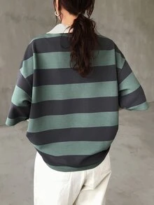 FRIFUL 女士宽松条纹 Polo 领中袖 T 恤，休闲夏季 - 綠色 - 查看 5