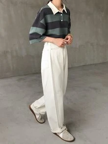 FRIFUL 女士宽松条纹 Polo 领中袖 T 恤，休闲夏季 - 綠色 - 查看 2