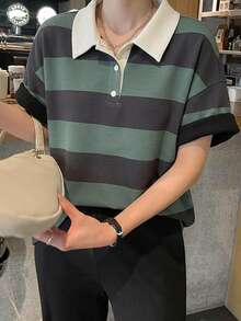 FRIFUL 女士宽松条纹 Polo 领中袖 T 恤，休闲夏季 - 綠色 - 查看 7