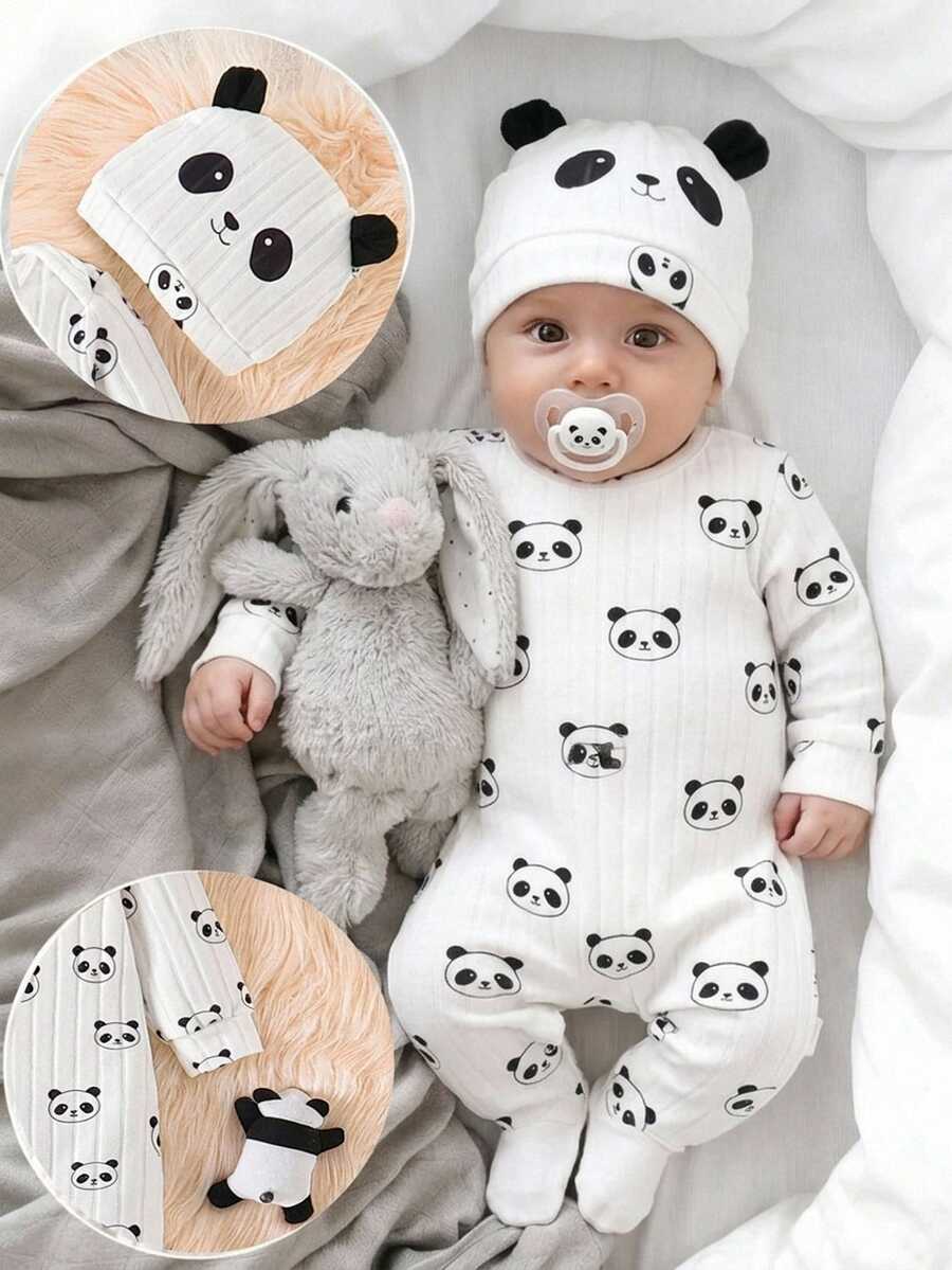 SHEIN 3-24M Baby Unisex Panda Graphic Ribbed Knit Romper+Hat, Soft Cozy Long Sleeve Cute Jumpsuit,Fall/Autumn/Winter, Holiday Outfit Halloween