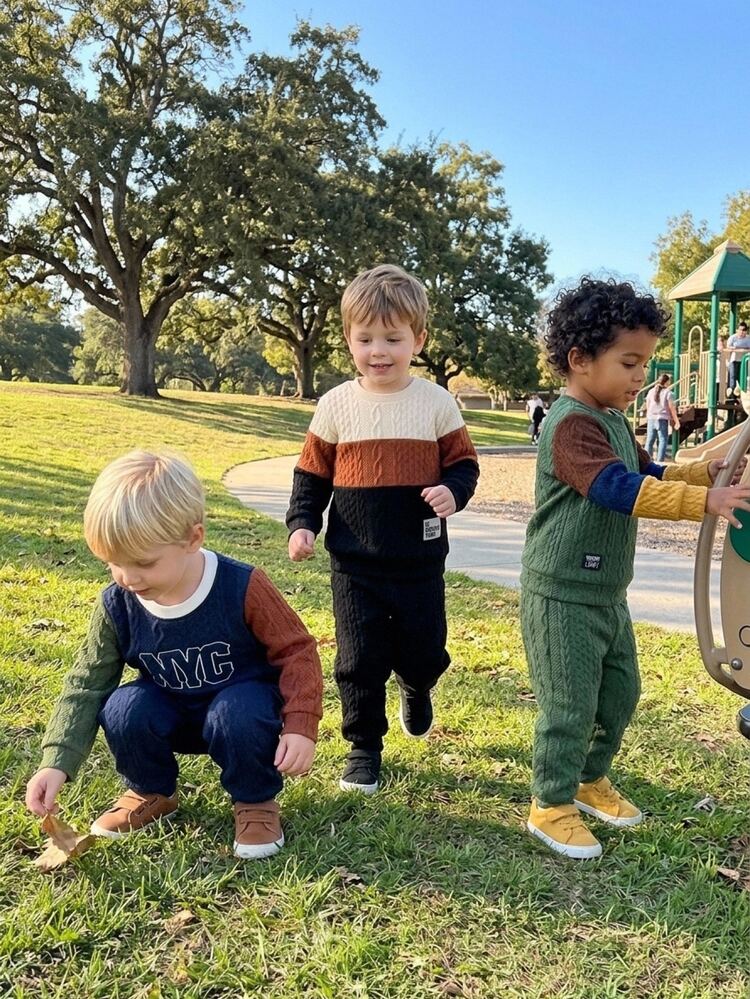 SHEIN Sweatshirt Anak Laki-Laki Motif Blok Warna, Kain Rajut Nyaman, Gaya Kasual untuk Liburan dan Perjalanan, Pakaian Musim Gugur, Sekolah - MultiWarna - View 4
