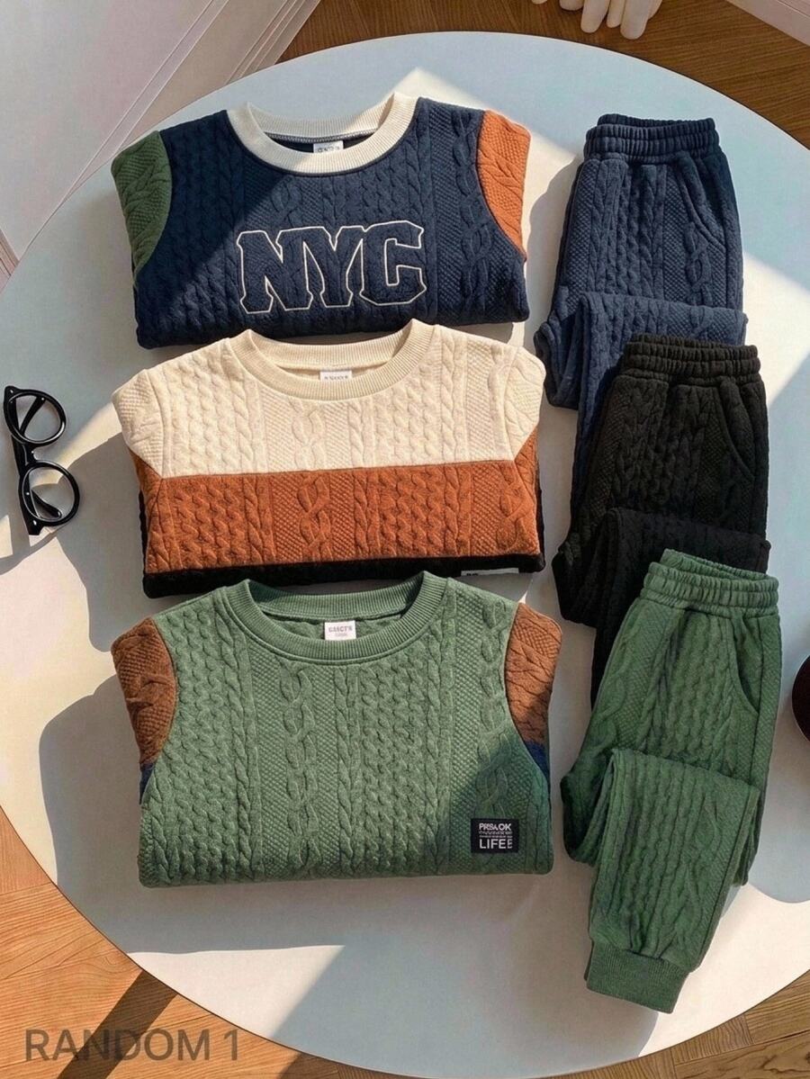 SHEIN Sweatshirt Anak Laki-Laki Motif Blok Warna, Kain Rajut Nyaman, Gaya Kasual untuk Liburan dan Perjalanan, Pakaian Musim Gugur, Sekolah - MultiWarna - View 1