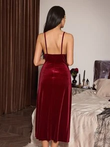Slumberist Women's Sexy Burgundy Velvet & Contrast Lace High Slit Cinched Waist Cowl Neck Spaghetti Strap Long Slimming Nightgown - Burgundy - View 2