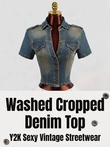 SHEIN Women's Fashionable Versatile Single-Breasted Short Sleeve Denim Jacket - Blue - View 1