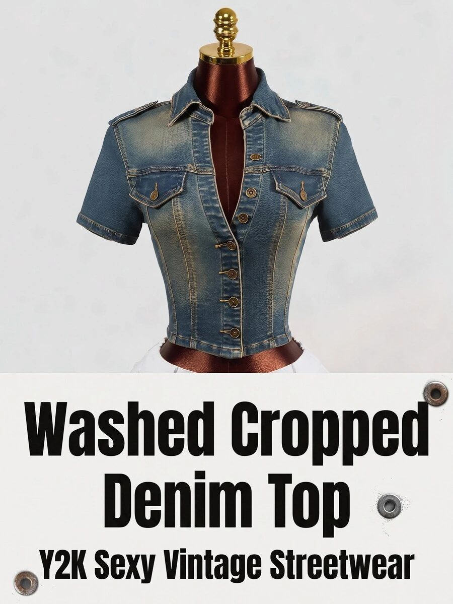 SHEIN Women's Fashionable Versatile Single-Breasted Short Sleeve Denim Jacket - Blue - View 1