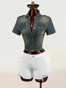 SHEIN Women's Fashionable Versatile Single-Breasted Short Sleeve Denim Jacket - Blue - View 7