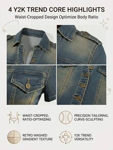 SHEIN Women's Fashionable Versatile Single-Breasted Short Sleeve Denim Jacket - Blue - View 9