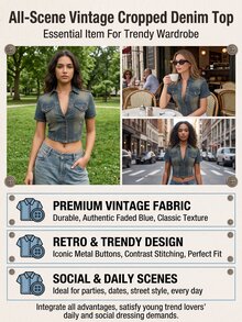 SHEIN Women's Fashionable Versatile Single-Breasted Short Sleeve Denim Jacket - Blue - View 13
