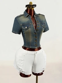 SHEIN Women's Fashionable Versatile Single-Breasted Short Sleeve Denim Jacket - Blue - View 3