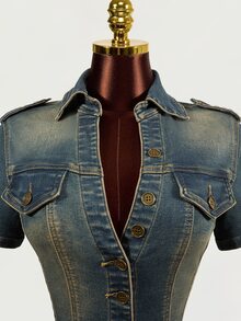 SHEIN Women's Fashionable Versatile Single-Breasted Short Sleeve Denim Jacket - Blue - View 4