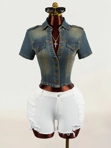 SHEIN Women's Fashionable Versatile Single-Breasted Short Sleeve Denim Jacket - Blue - View 5