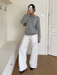 SHEIN EZwear 女款 Polo 領落肩長袖休閒寬鬆針織衫 - 淺灰色 - 查看 5