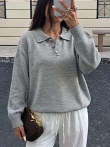 SHEIN EZwear 女款 Polo 領落肩長袖休閒寬鬆針織衫 - 淺灰色 - 查看 6