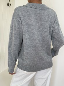 SHEIN EZwear 女款 Polo 領落肩長袖休閒寬鬆針織衫 - 淺灰色 - 查看 2