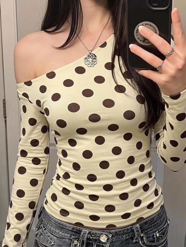 SHEIN EZwear Women's Polka Dot Asymmetrical Shoulder Slim Fit Versatile Daily Wear Long Sleeve Top