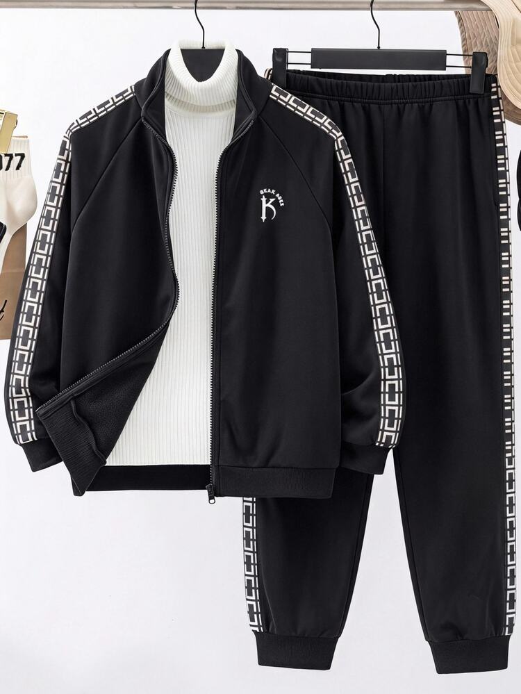 SHEIN Kids Tween Boy Clothing, Boys Sweatshirt, Boys Sweatpants, Simple Letter Graphic Sweatshirt Jacket And Sweatpants 2-Piece Set, High Cost-Performance, Suitable For Commuting, School, Daily Casual, College, Travel, Sports, Autumn/Winter - Black - View 4