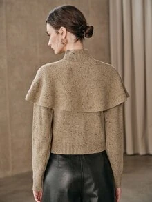 Anewsta French Autumn/Winter High-End Fashion Design Elegant Sophisticated Evening Wear Vintage Old Money Style Gold Foil Gold Thread Wool Blend Cape Shawl Button-Front High Neck Cardigan - Mocha Brown - View 7