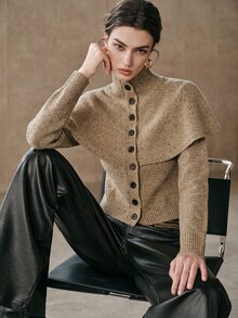 Anewsta French Autumn/Winter High-End Fashion Design Elegant Sophisticated Evening Wear Vintage Old Money Style Gold Foil Gold Thread Wool Blend Cape Shawl Button-Front High Neck Cardigan - Mocha Brown - View 1