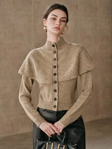 Anewsta French Autumn/Winter High-End Fashion Design Elegant Sophisticated Evening Wear Vintage Old Money Style Gold Foil Gold Thread Wool Blend Cape Shawl Button-Front High Neck Cardigan - Mocha Brown - View 3
