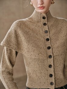 Anewsta French Autumn/Winter High-End Fashion Design Elegant Sophisticated Evening Wear Vintage Old Money Style Gold Foil Gold Thread Wool Blend Cape Shawl Button-Front High Neck Cardigan - Mocha Brown - View 2