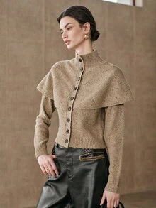 Anewsta French Autumn/Winter High-End Fashion Design Elegant Sophisticated Evening Wear Vintage Old Money Style Gold Foil Gold Thread Wool Blend Cape Shawl Button-Front High Neck Cardigan - Mocha Brown - View 4