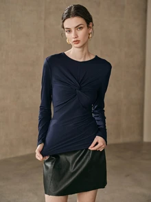 Anewsta New Women's Twisted Knot Distressed Knit T-Shirt Top, Suitable For Outings, Commuting And Daily Dates - Navy Blue - View 4