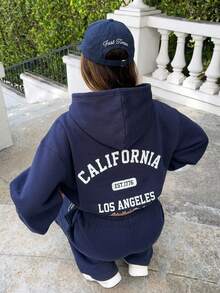SHEIN Teen Girl Letter Pattern Hoodie Long Sleeve Sweatshirt And Sweatpants Casual Daily Set - Navy Blue - View 2