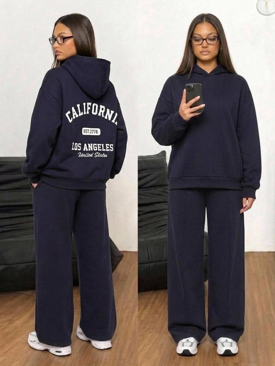 SHEIN Teen Girl Letter Pattern Hoodie Long Sleeve Sweatshirt And Sweatpants Casual Daily Set - Navy Blue - View 1