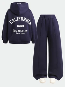 SHEIN Teen Girl Letter Pattern Hoodie Long Sleeve Sweatshirt And Sweatpants Casual Daily Set - Navy Blue - View 4