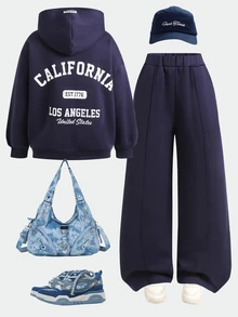 SHEIN Teen Girl Letter Pattern Hoodie Long Sleeve Sweatshirt And Sweatpants Casual Daily Set - Navy Blue - View 6