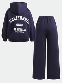 SHEIN Teen Girl Letter Pattern Hoodie Long Sleeve Sweatshirt And Sweatpants Casual Daily Set - Navy Blue - View 5
