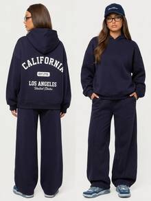 SHEIN Teen Girl Letter Pattern Hoodie Long Sleeve Sweatshirt And Sweatpants Casual Daily Set - Navy Blue - View 3