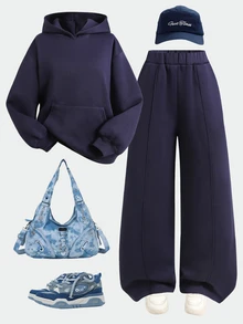 SHEIN Teen Girl Letter Pattern Hoodie Long Sleeve Sweatshirt And Sweatpants Casual Daily Set - Navy Blue - View 7