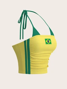 SHEIN ICON 女款 Y2k 运动露背系带时尚条纹撞色印花背心 - 黃色 - 查看 11