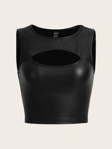 SHEIN ICON Cut Out Front Crop PU Leather Tank Top - Black - View 1