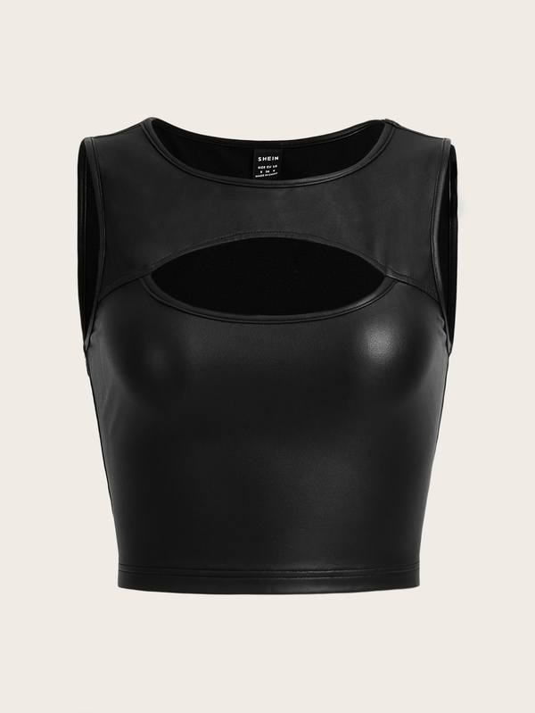 SHEIN ICON Cut Out Front Crop PU Leather Tank Top