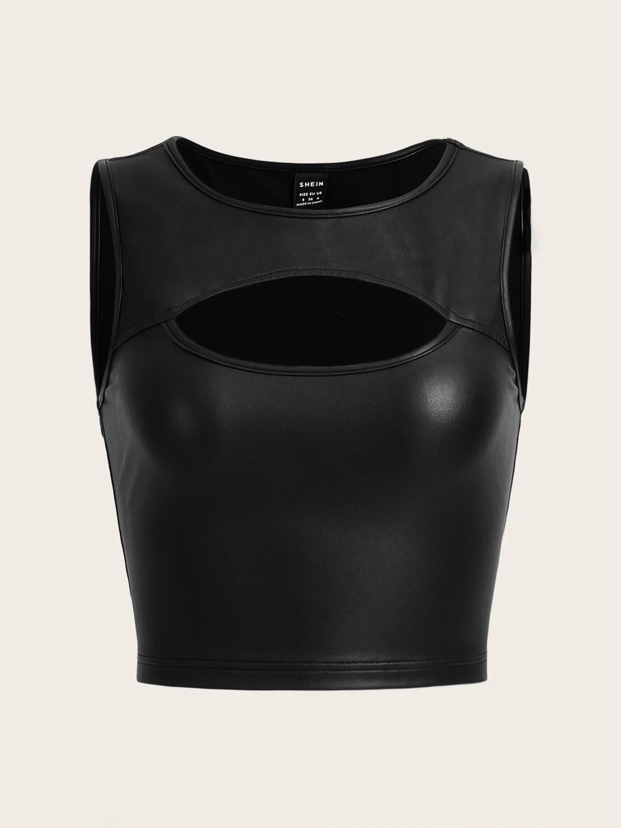 SHEIN ICON Cut Out Front Crop PU Leather Tank Top - Black - View 1