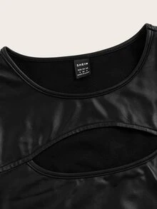 SHEIN ICON Cut Out Front Crop PU Leather Tank Top - Black - View 6