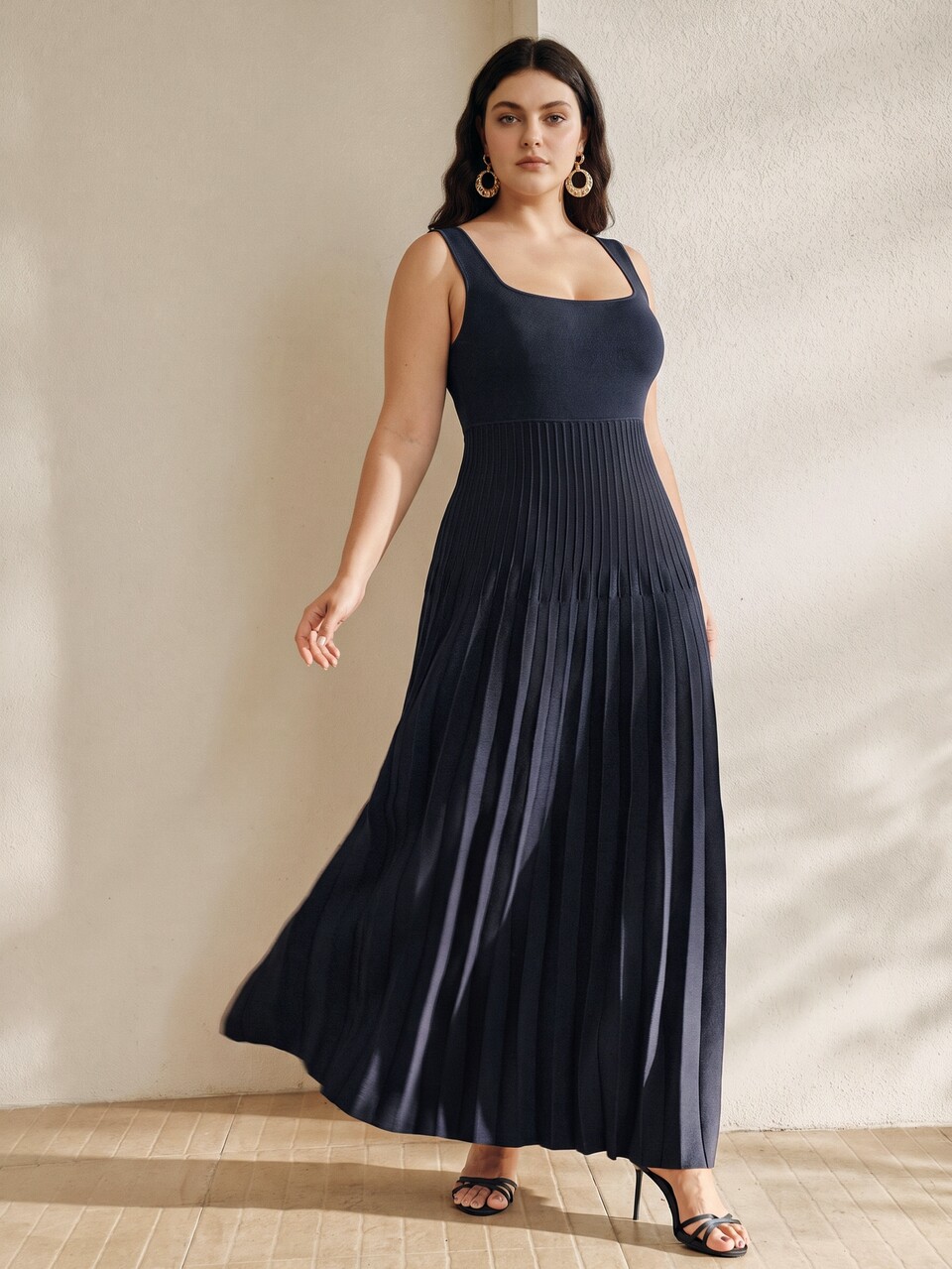 Anewsta Summer Elegant Solid Color Heavyweight Knit Low Neck Slim Fit Spaghetti Strap Pleated Women's Knit Dress, Autumn Season, Winter, Going Out, Elegant, Leisure, Formal, Party