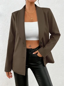 SHEIN Raffinéa 女士黑色长袖修身性感西装外套，冬季 - 棕色 - 查看 4