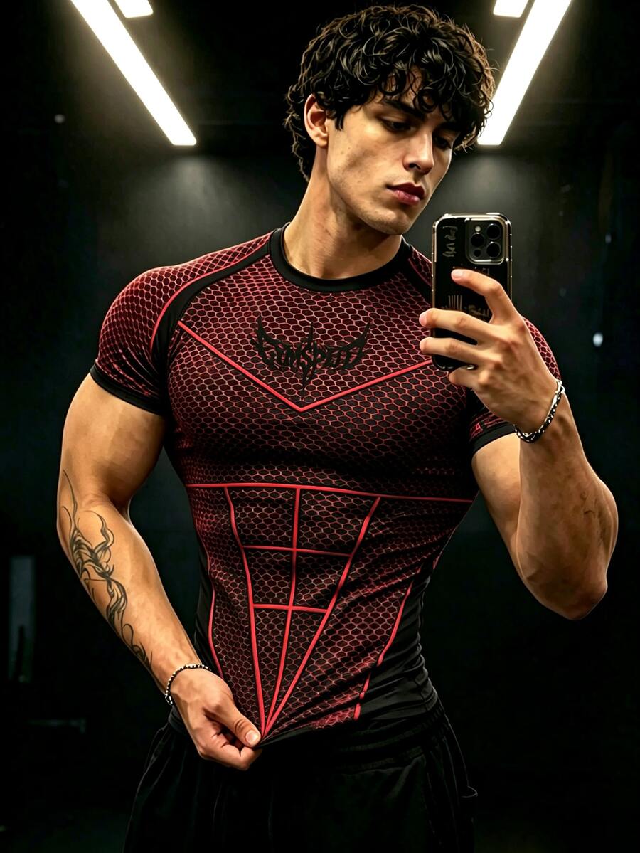GymBeat 男士幾何印花短袖修身運動T恤,健身房穿著 - 黑色 - 查看 1