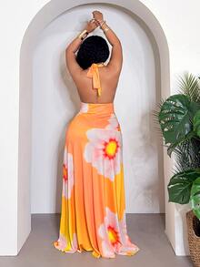 Veslaya Robe longue ajustée à col plongeant avec nœud à la taille, sans manches, imprimé floral, couleurs pastel romantiques, convient pour les vacances, la plage, les festivals de musique, les fêtes, les croisières, les bains de soleil, les rendez-vous, les mariages, grandes tailles - Multicolore - Voir 2