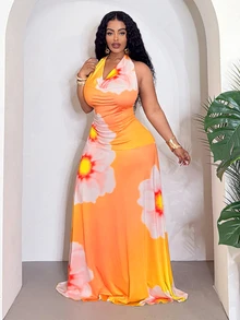 Veslaya Robe longue ajustée à col plongeant avec nœud à la taille, sans manches, imprimé floral, couleurs pastel romantiques, convient pour les vacances, la plage, les festivals de musique, les fêtes, les croisières, les bains de soleil, les rendez-vous, les mariages, grandes tailles - Multicolore - Voir 3