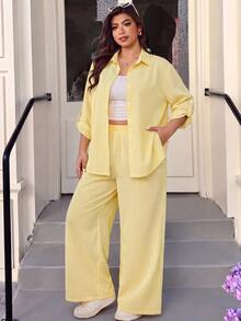 Muchica Plus-Size White Single-Breasted Long-Sleeved Shirt And Loose-Fitting Trousers With Cufflinks Casual Soft Form Vacation Two Pieces Set Autumn Fall Beach - Yellow - View 6