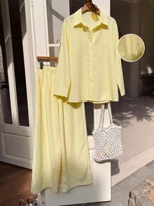 Muchica Plus-Size White Single-Breasted Long-Sleeved Shirt And Loose-Fitting Trousers With Cufflinks Casual Soft Form Vacation Two Pieces Set Autumn Fall Beach - Yellow - View 4