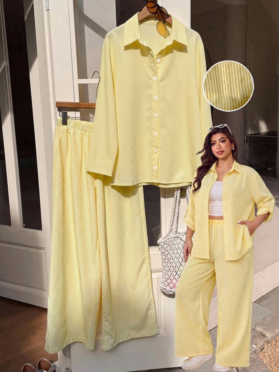 Muchica Plus-Size White Single-Breasted Long-Sleeved Shirt And Loose-Fitting Trousers With Cufflinks Casual Soft Form Vacation Two Pieces Set Autumn Fall Beach - Yellow - View 1